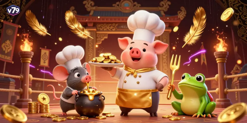 Engage with the vibrant v79 casino experience featuring gourmet gold coin dishes and lively characters.