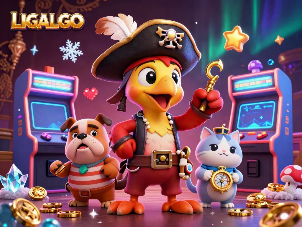 LIGALGO showcases vibrant 3D cartoon pirates and gaming elements in an exciting casino-themed scene.