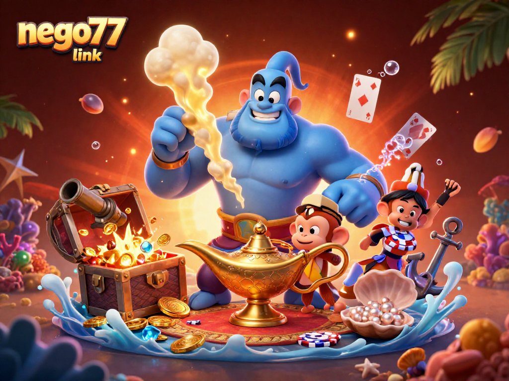 Engage in online games with the vibrant nego77 link showcasing Genie, monkey, and poker chips.