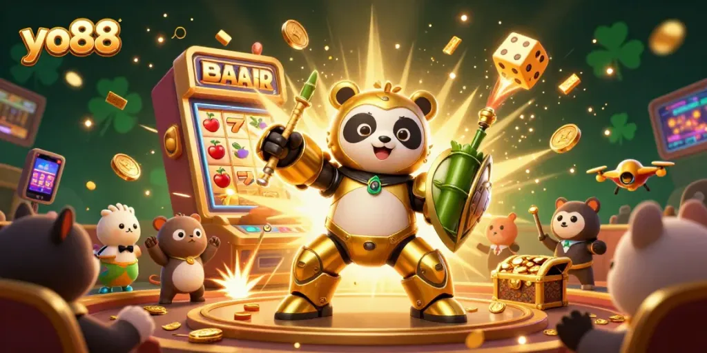 Join the excitement at yo88 with a dynamic casino scene featuring vibrant 3D characters and exhilarating game elements.