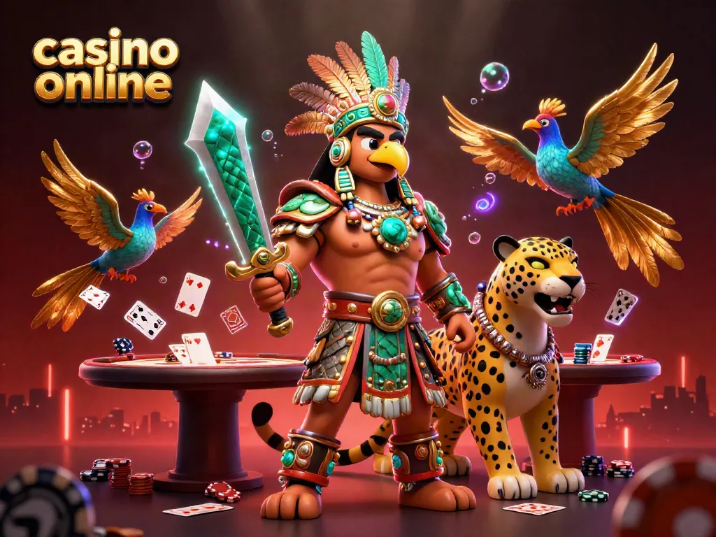 Juega en el casino online con guerreros aztecas y cartas voladoras durante una partida emocionante.