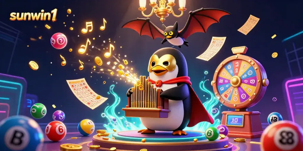 Play and win with sunwin1 in this vibrant 3D casino scene featuring a penguin and bat acrobat.