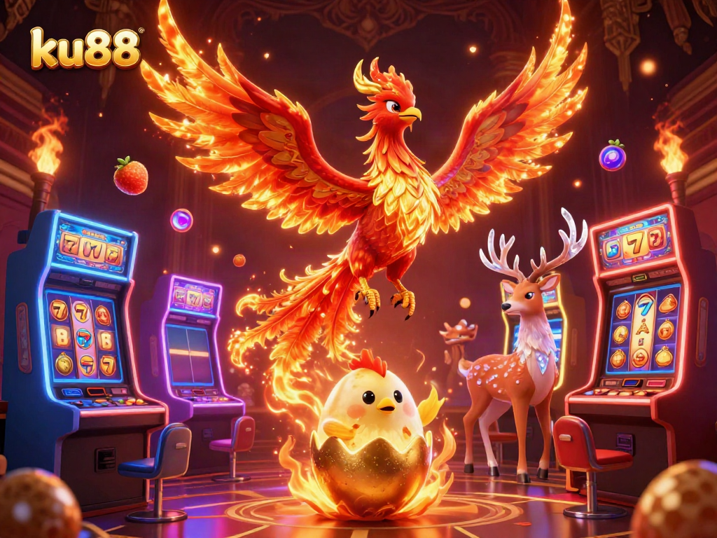 Play exciting slot games at ku88 with a majestic phoenix soaring among vibrant casino elements.