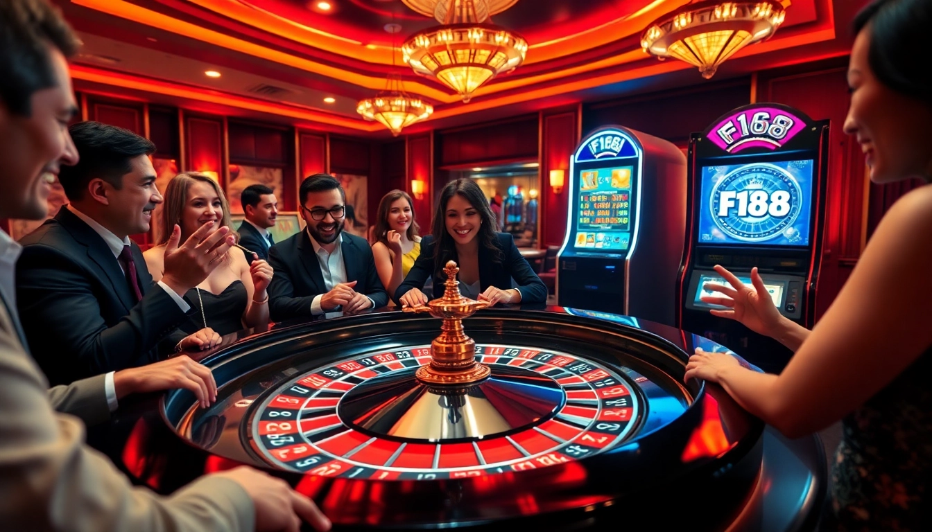 Players enjoying table games and slot machines at F168's luxurious online casino.