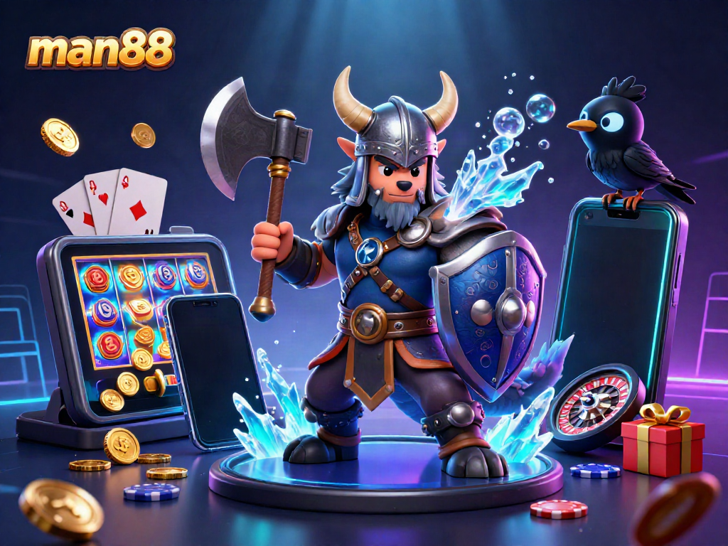 Engage with man88's thrilling gaming adventure in a vibrant 3D casino scene featuring animated characters and casino elements.