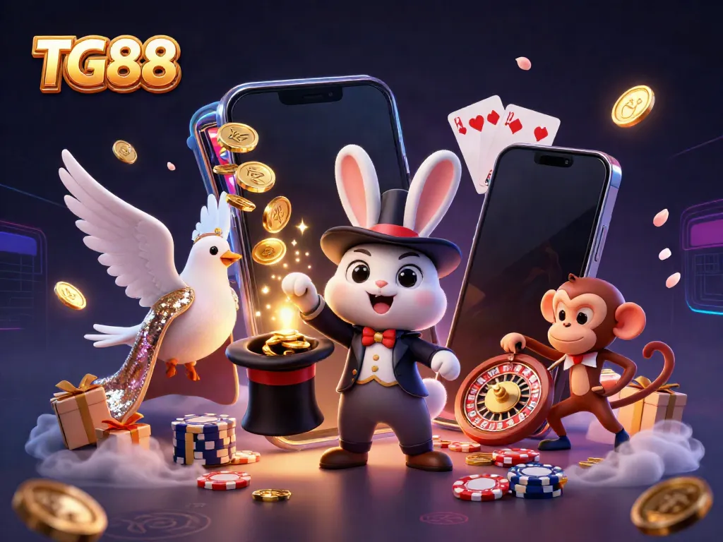 Experience the magic of TG88 with a cartoon magician rabbit pulling golden coins while surrounded by playful casino elements.