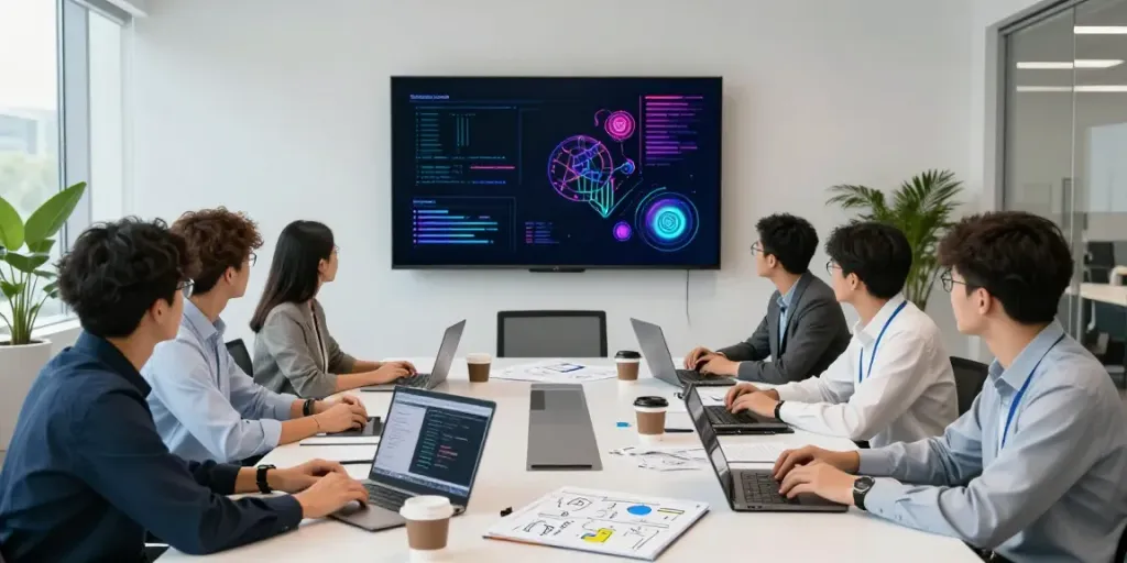 Team collaborating on Enterprise AI strategies in a bright modern office
