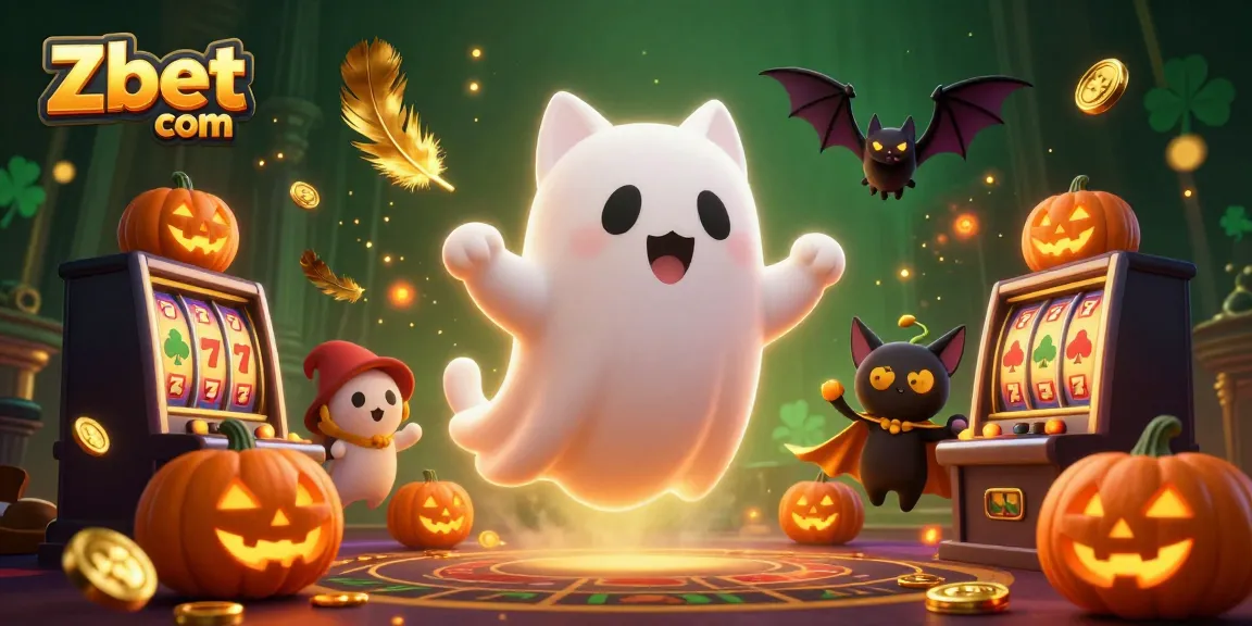 Zbet com showcases playful ghost cat and vampire bat in a vibrant haunted casino scene.