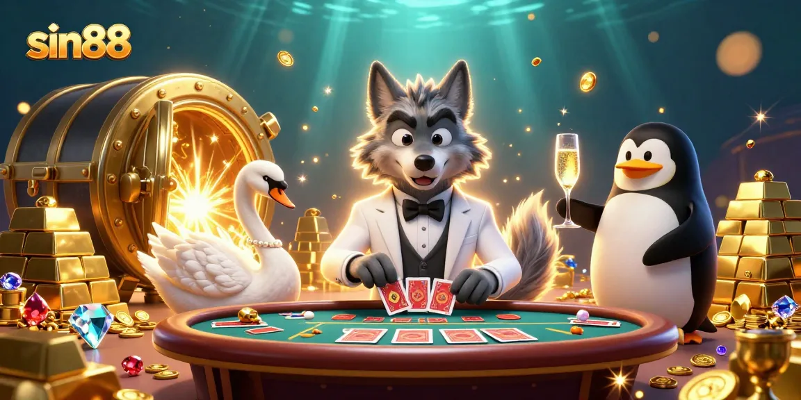 Experience thrilling baccarat with sin88's cartoon characters at a lavish casino scene filled with treasures.