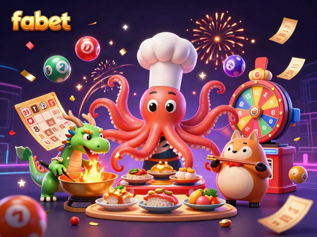 Experience thrilling gameplay with fabet as a cartoon sushi chef octopus showcases culinary magic under festive fireworks.
