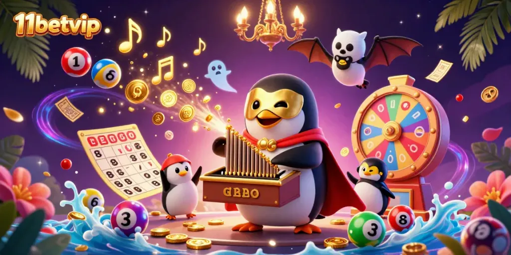 Engage with thrilling chances at 11betvip while a whimsical penguin spreads gold coins and lottery excitement.