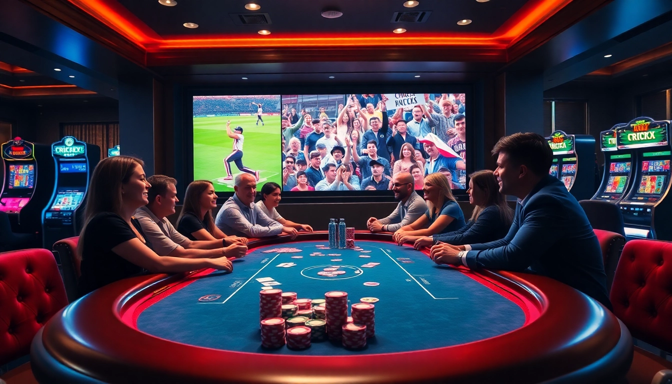 Engaging fans placing bets on Crickex with vibrant casino elements and a live cricket match backdrop.
