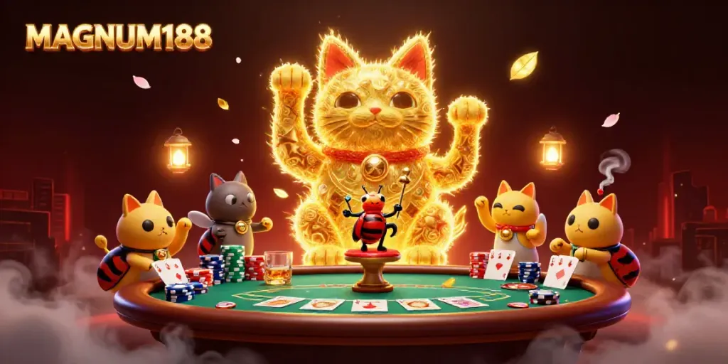 Experience MAGNUM188's vibrant casino scene with lucky cat and golden fireflies bringing luck.