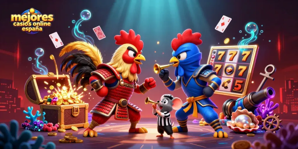 Dos gallos enfrentados en un casino, representando los mejores casinos online España.