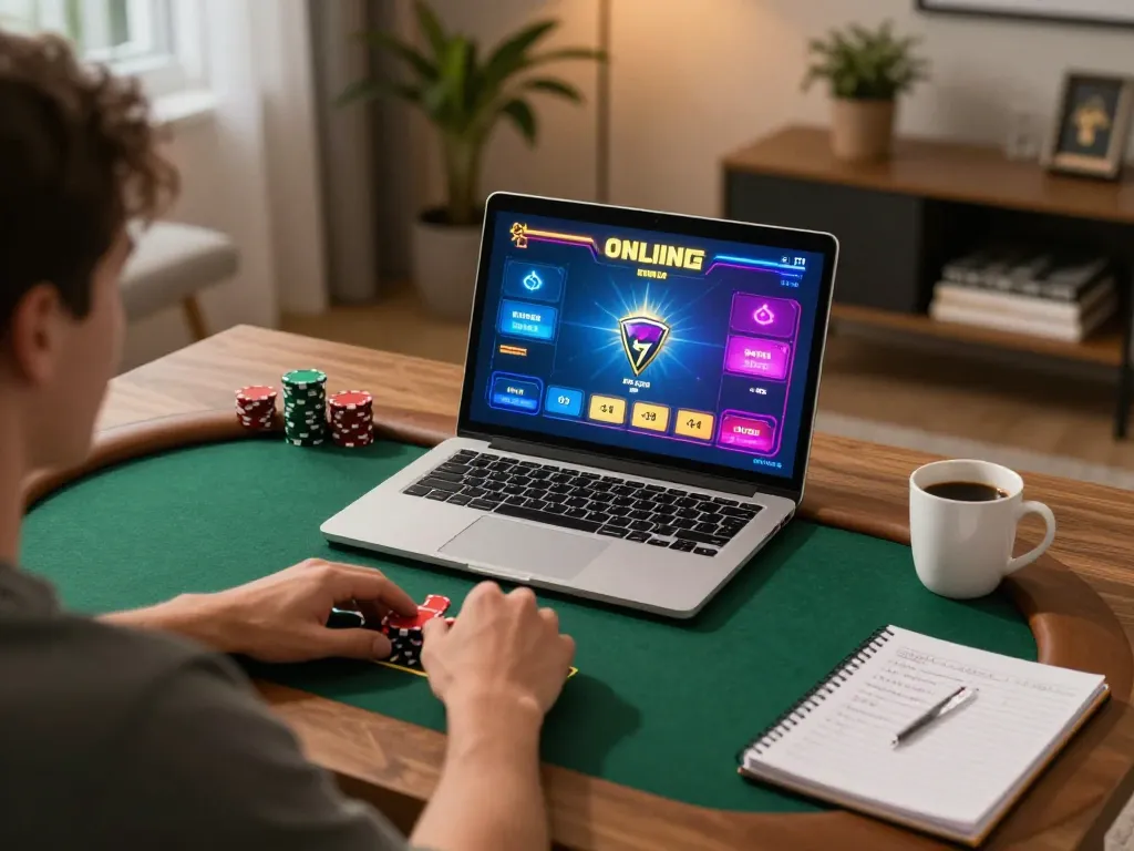 Engage in online poker strategy at 77WIN with this inviting home gaming setup.