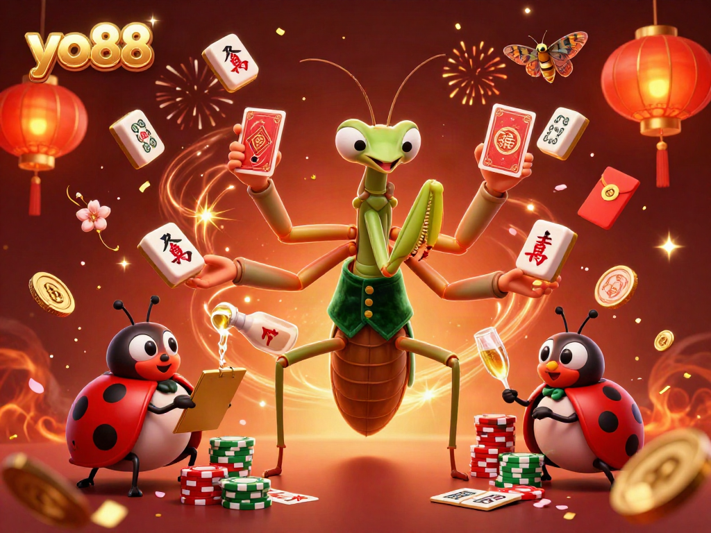 Experience the exciting world of yo88 with this vibrant casino scene filled with a colorful mantis card sharp, ladybug pit boss, and dynamic gaming elements.