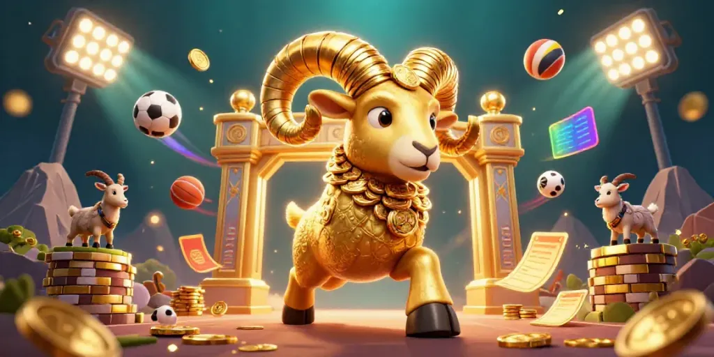 Experience thrilling sports action with a golden ram charging at 32win's casino gates, amidst flying sports elements.