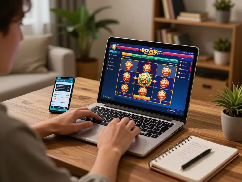 Player enjoying online slots at gg88 com in a cozy home gaming setup with laptop and strategies.