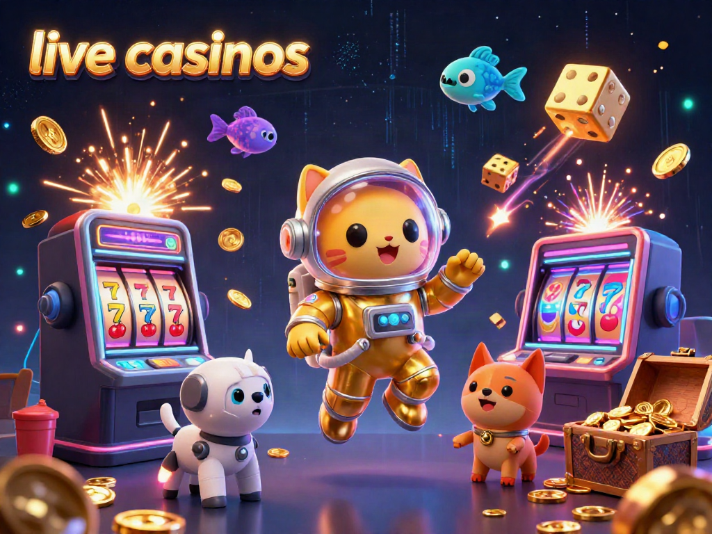 Experience the thrill of live casinos with 3D characters, gold coins, and vibrant casino symbols in action.