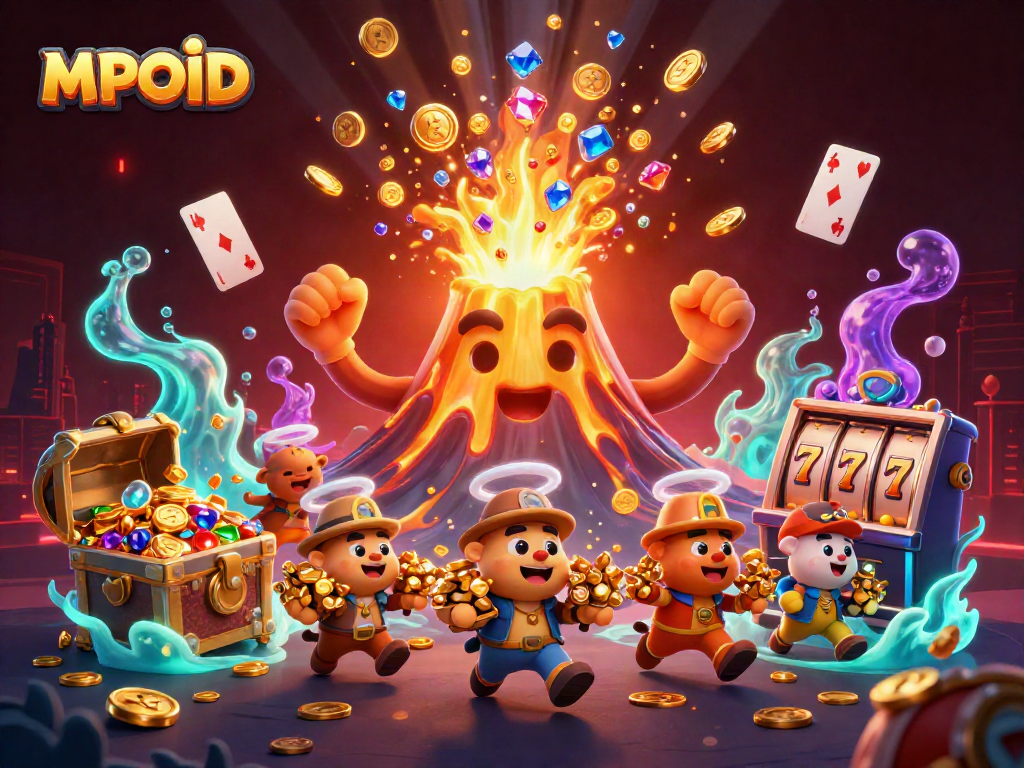 Experience MPOID's thrilling rush, as treasures erupt from a golden volcano surrounded by dynamic casino elements.
