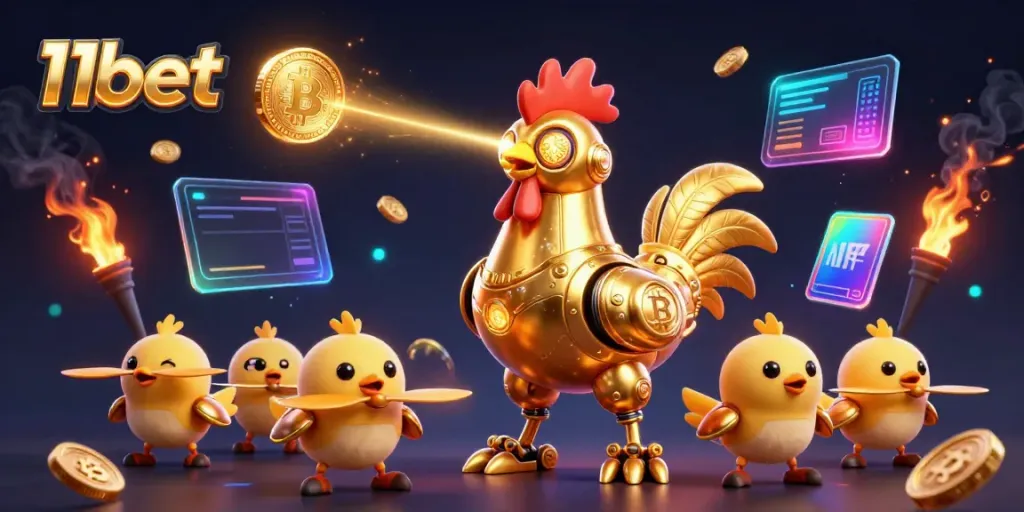 Engage with the vibrant 11bet casino experience featuring the golden rooster robot and cryptocurrency elements.