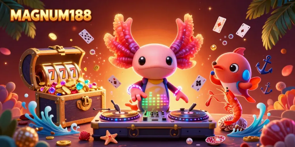 Join the MAGNUM188 adventure with a vibrant underwater casino scene, featuring a DJ axolotl, illuminating slot reels, and animated sea creatures.