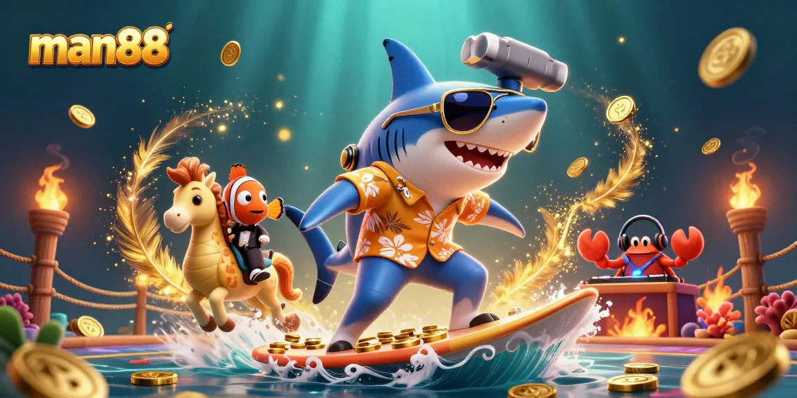 Experience thrilling wins at man88, where a hammer-head shark surfs on gold coins!