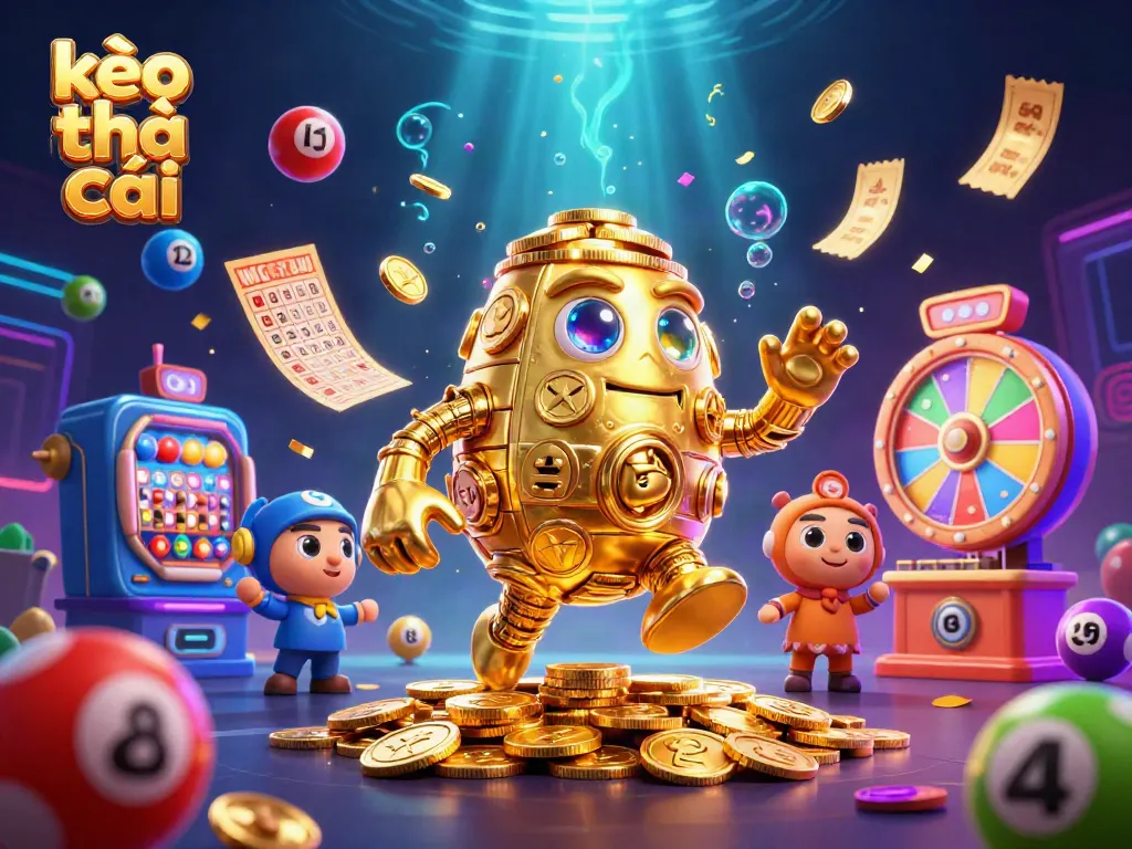 Engage with exciting kèo nhà cái illustration featuring a golden golem amidst lottery elements.