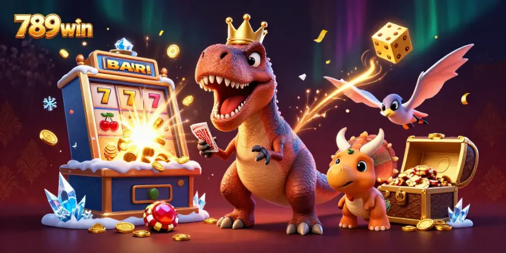 Experience the excitement of 789win with a playful T-Rex and friends in a vibrant casino scene.