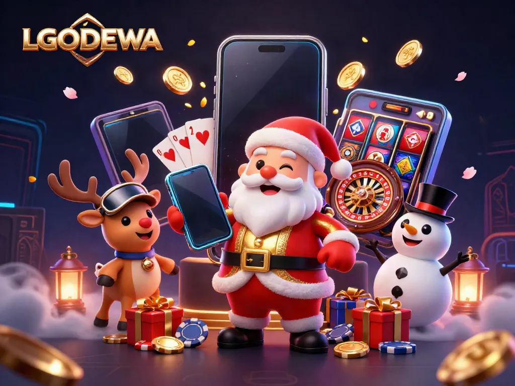 Engage in thrilling gameplay with LGODEWA as Santa and friends celebrate winning slots and casino fun.