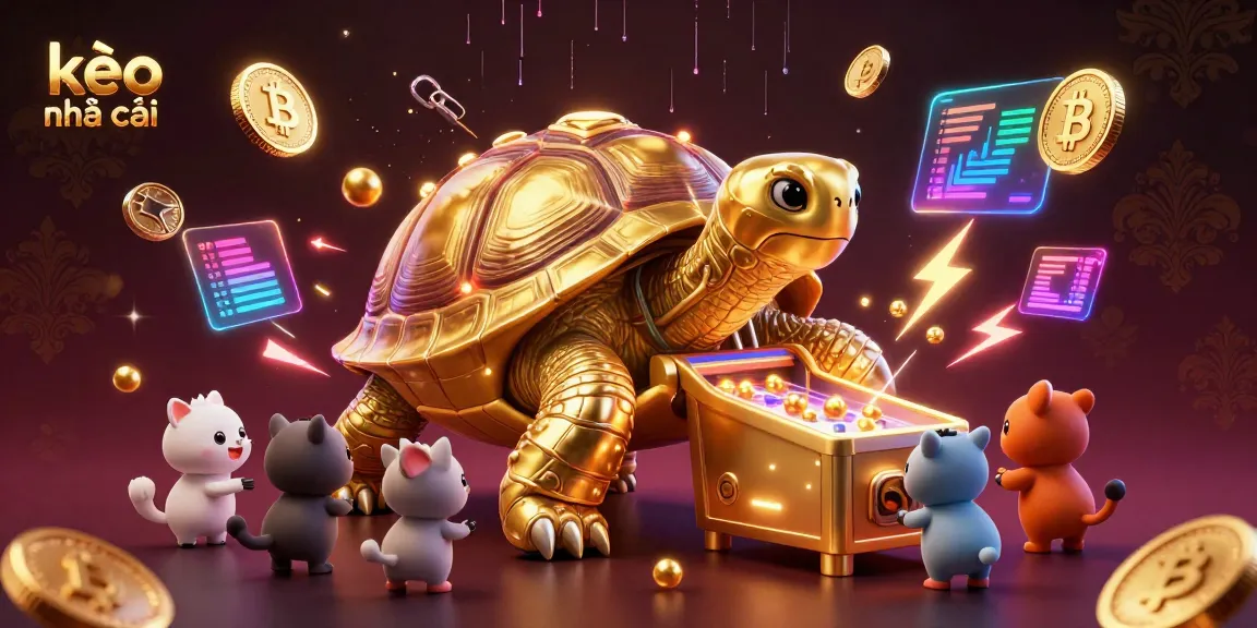 Exciting game scene showcasing kèo nhà cái with a golden tortoise pinball machine, cryptocurrencies, and vibrant digital elements.