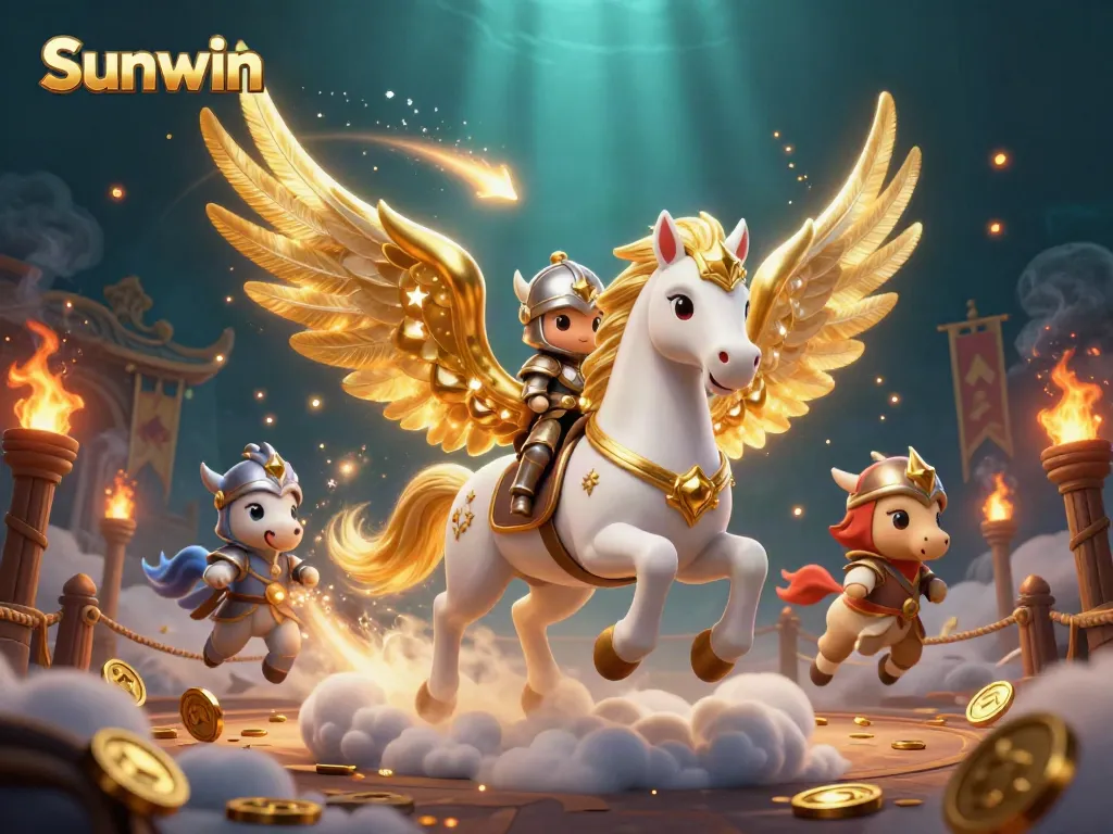 Engage with Sunwin's thrilling gaming atmosphere, featuring an armored knight on a celestial horse amidst dynamic game elements.