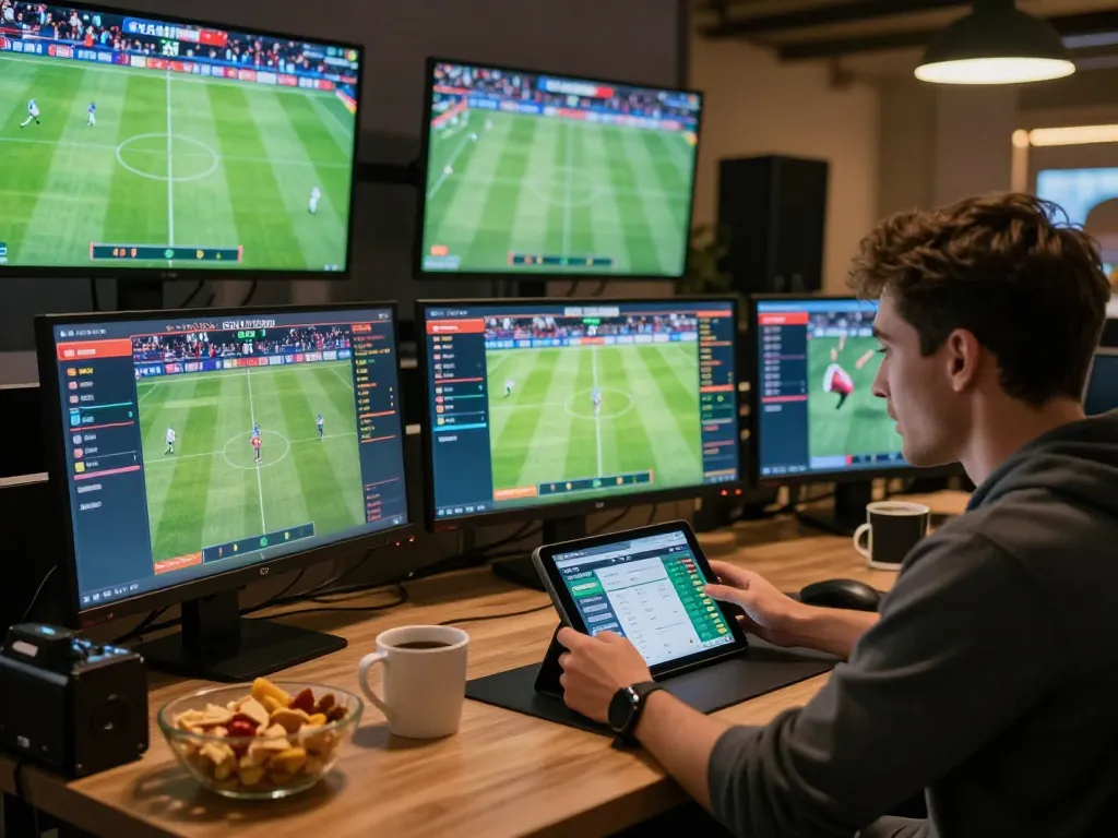 SOCOLIVE users engaging in real-time sports betting on multiple screens, showcasing an exciting betting atmosphere.
