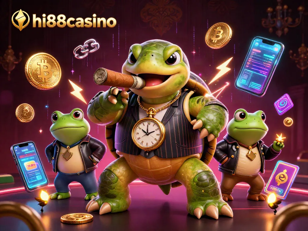 Experience hi88casino's dynamic world with a cartoon turtle mobster and gambling elements.