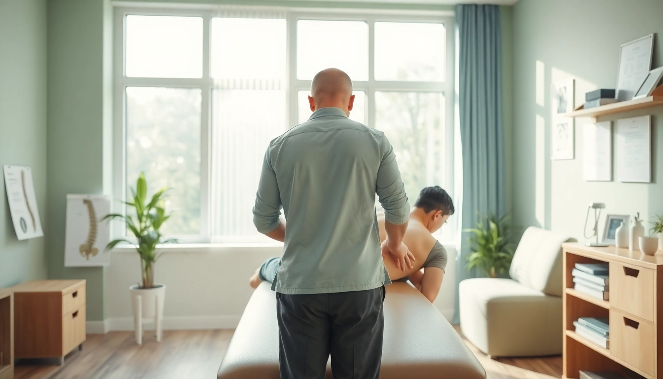 Chiropractor performing back pain relief adjustments in a calm clinic.
