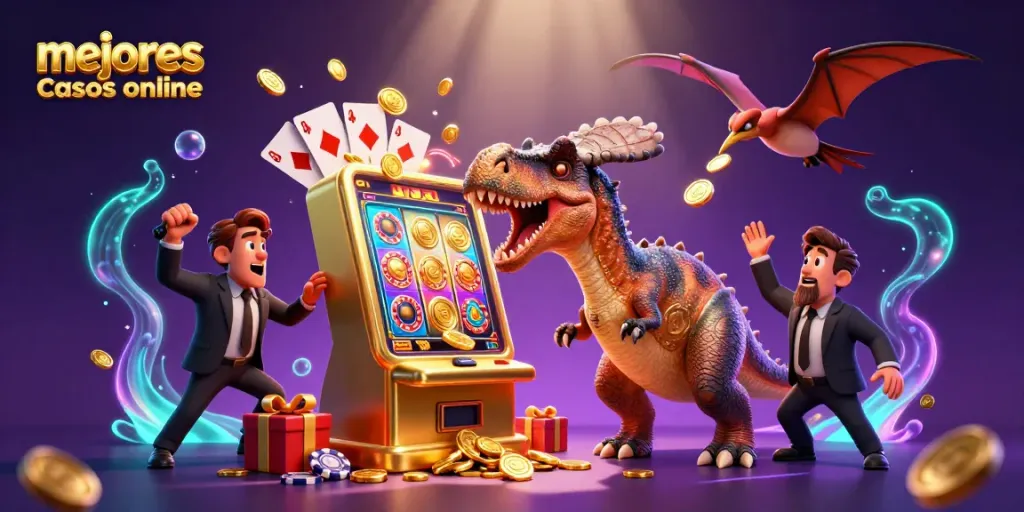 Ganando en los mejores casinos online con una máquina tragamonedas dorada y monedas voladoras.