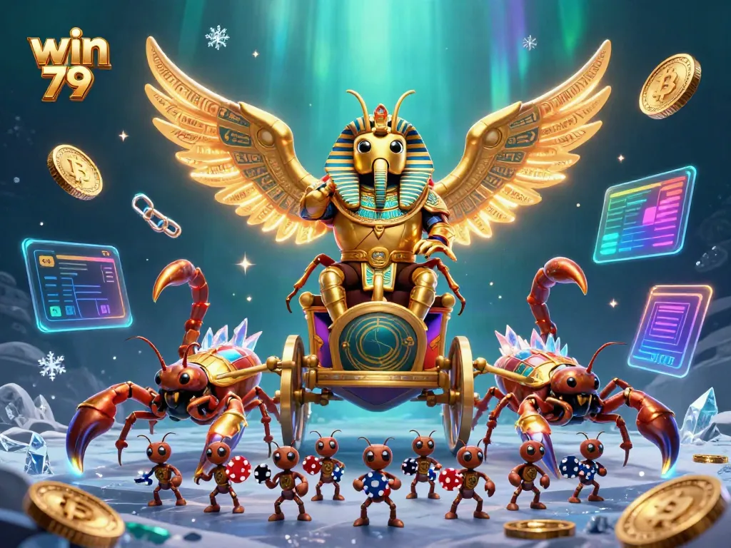Engage in win 79's exhilarating gambling adventure with a vibrant 3D scene of a golden scarab and scorpions.