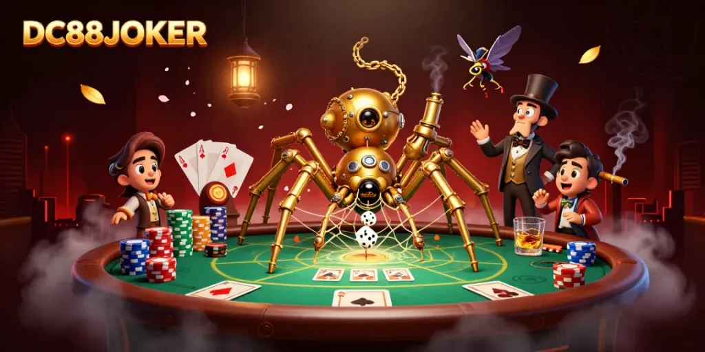 Engage with DC88JOKER's immersive steampunk casino experience filled with golden details and rich gambling elements.