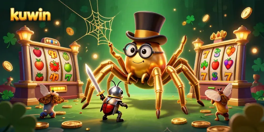 Kuwin's enchanting online casino scene featuring a golden tarantula and vibrant slot elements.