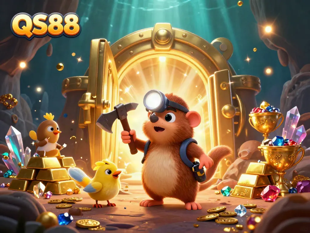 QS88 captures a 3D cartoon treasure hunter and canary mining gems in a dynamic casino scene.