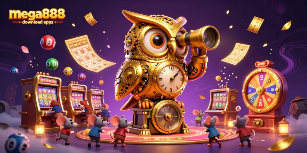Mega888 download apps showcase colorful casino elements with a vintage golden owl, enhancing player excitement.