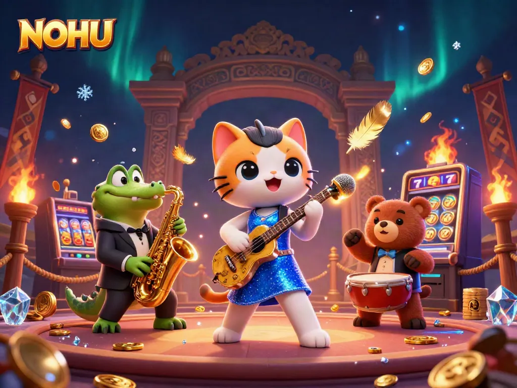 Experience the vibrant gaming world at NOHU with captivating characters performing in a dynamic casino setting.