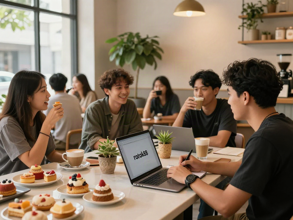 Friends enjoying drinks and conversation in a cozy coffee shop, showcasing rokok88 culture.