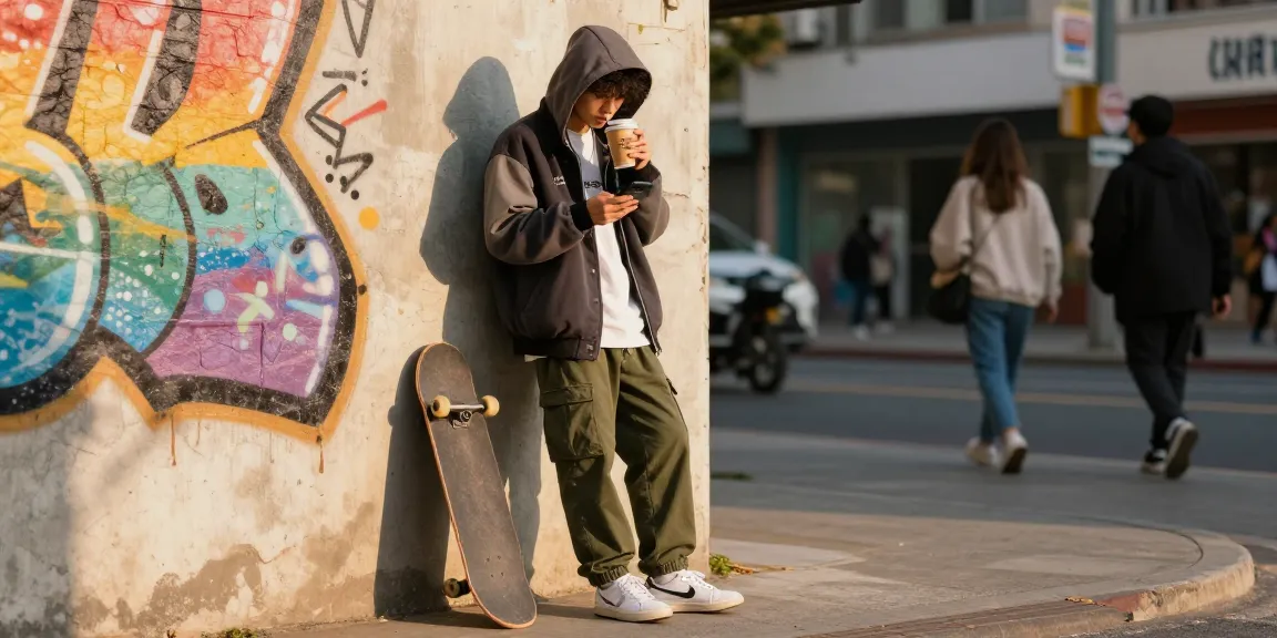 Stylish individual engaging with rokok88 merchandise in an urban street setting.