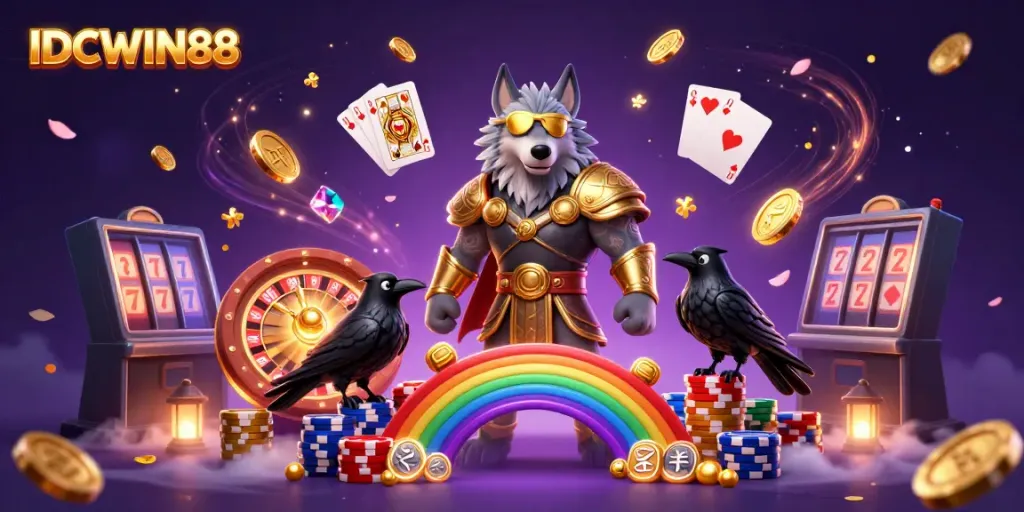 Experience thrilling gameplay at IDCWIN88 with spinning roulette and cascading coins in a captivating casino scene.