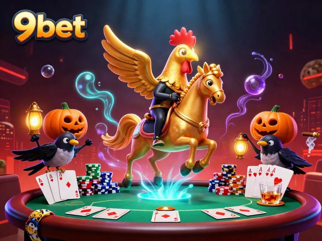 Engage in thrilling 9bet casino games illustrated with a golden rooster and poker elements.