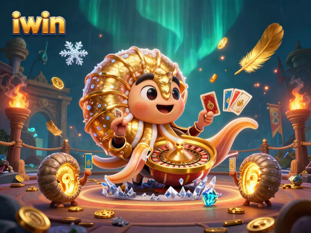 iwin casino showcases an exciting 3D illustration with a nautilus roulette wheel and games.