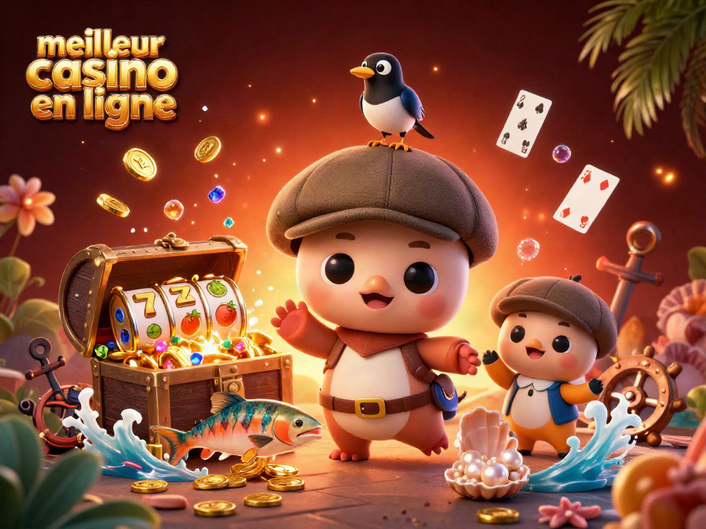 Jouez au meilleur casino en ligne avec une illustration colorée de personnages ludiques et d'éléments de jeu.
