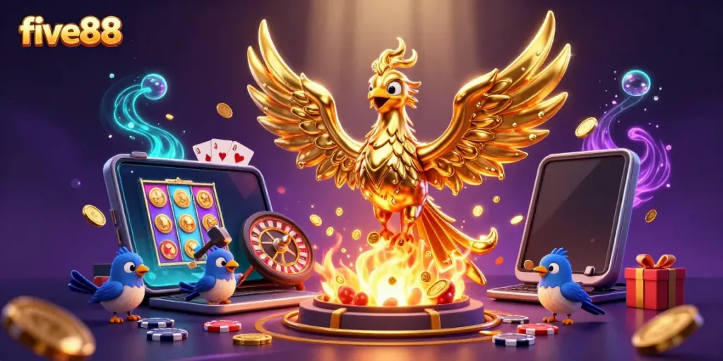 Engage with five88 as molten metal phoenix rewards players with golden coins amidst a vibrant casino backdrop.