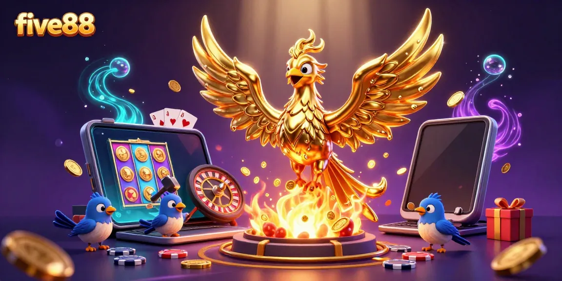 Engage with five88 as molten metal phoenix rewards players with golden coins amidst a vibrant casino backdrop.